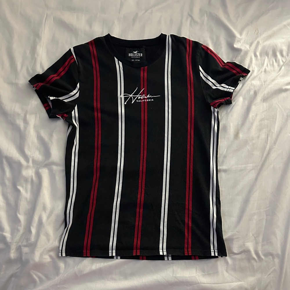 Hollister Black Tee with Red and White Stripes